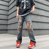 summer blue ripped jeans men fashion casual straight jeans mens japanese streetwear loose hip hop hole denim pants mens trousers