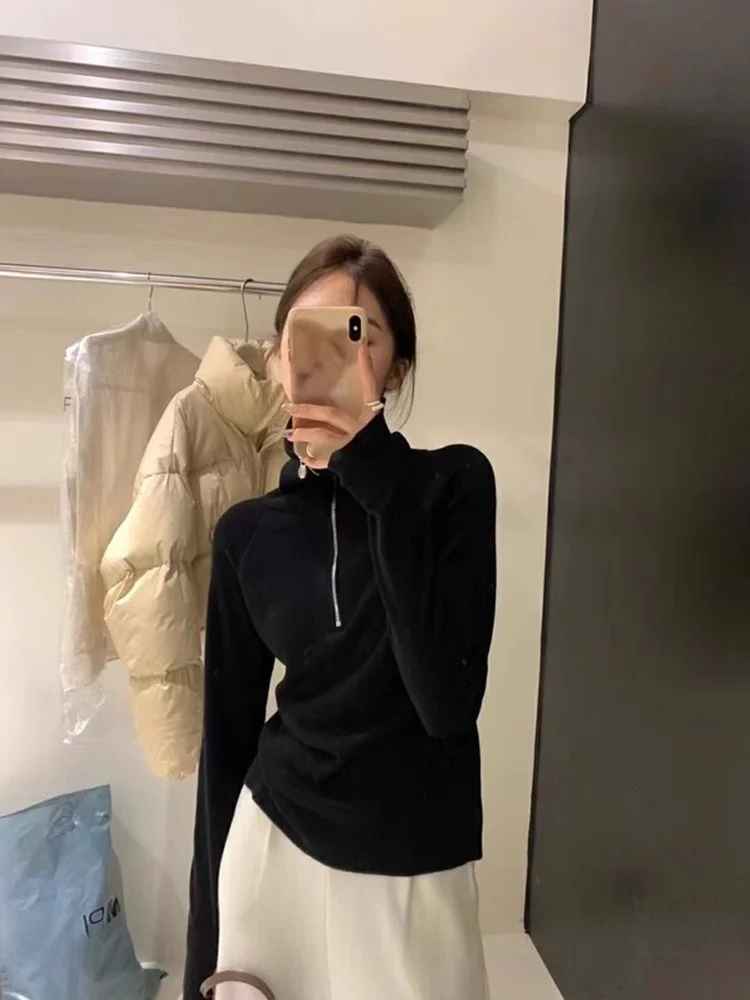 Half Zipper Turtleneck Lapel Knit Women Autumn and Winter High-Grade Soft Glutinous Sweater Inner wear Western Sle Slim fit...