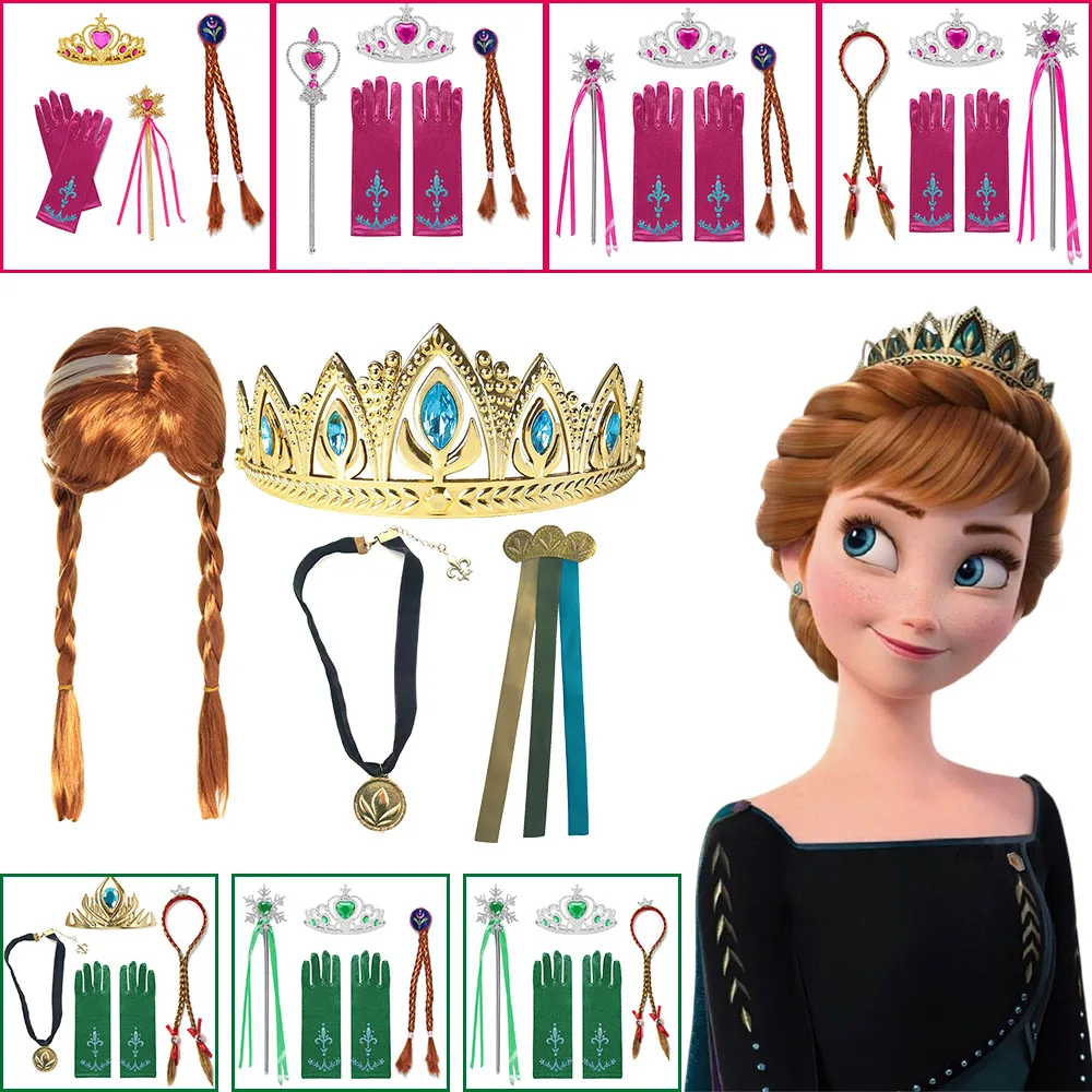 Frozen1/2 Accessories Gloves Wand Crown Jewelry Set Wig Braid for Anna Elsa Princess Dress Clothing Disney Cosplay Snow Queen