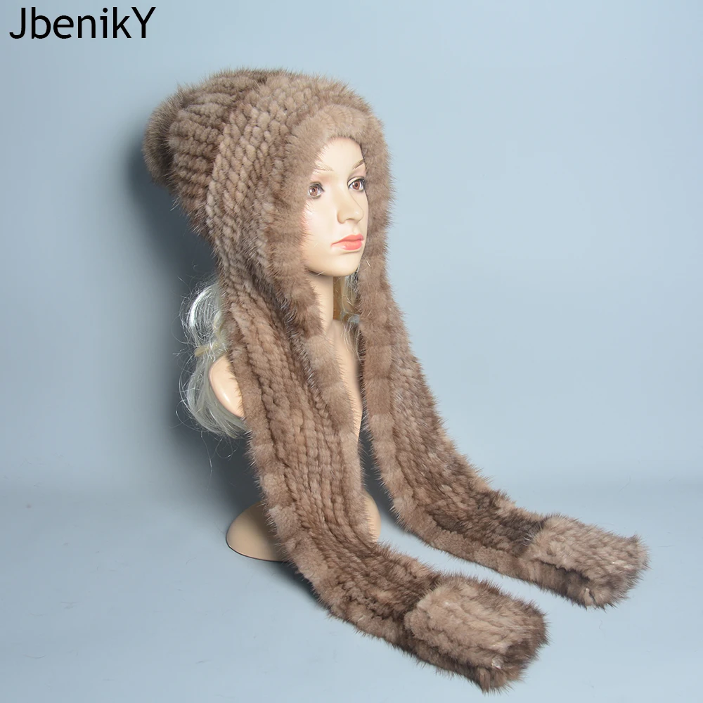 New Style Winter Women Warm Real Mink Fur Hat Knitted Natural Mink Fur Hooded Scarf Good Quality Fashion Genuine Fur Scarf Caps