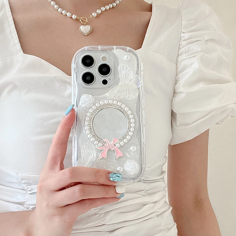 Корейский INS милый чехол для телефона с 3D бабочкой и жемчугом iphone 16 15 14 13 Pro 12 11 Max plus