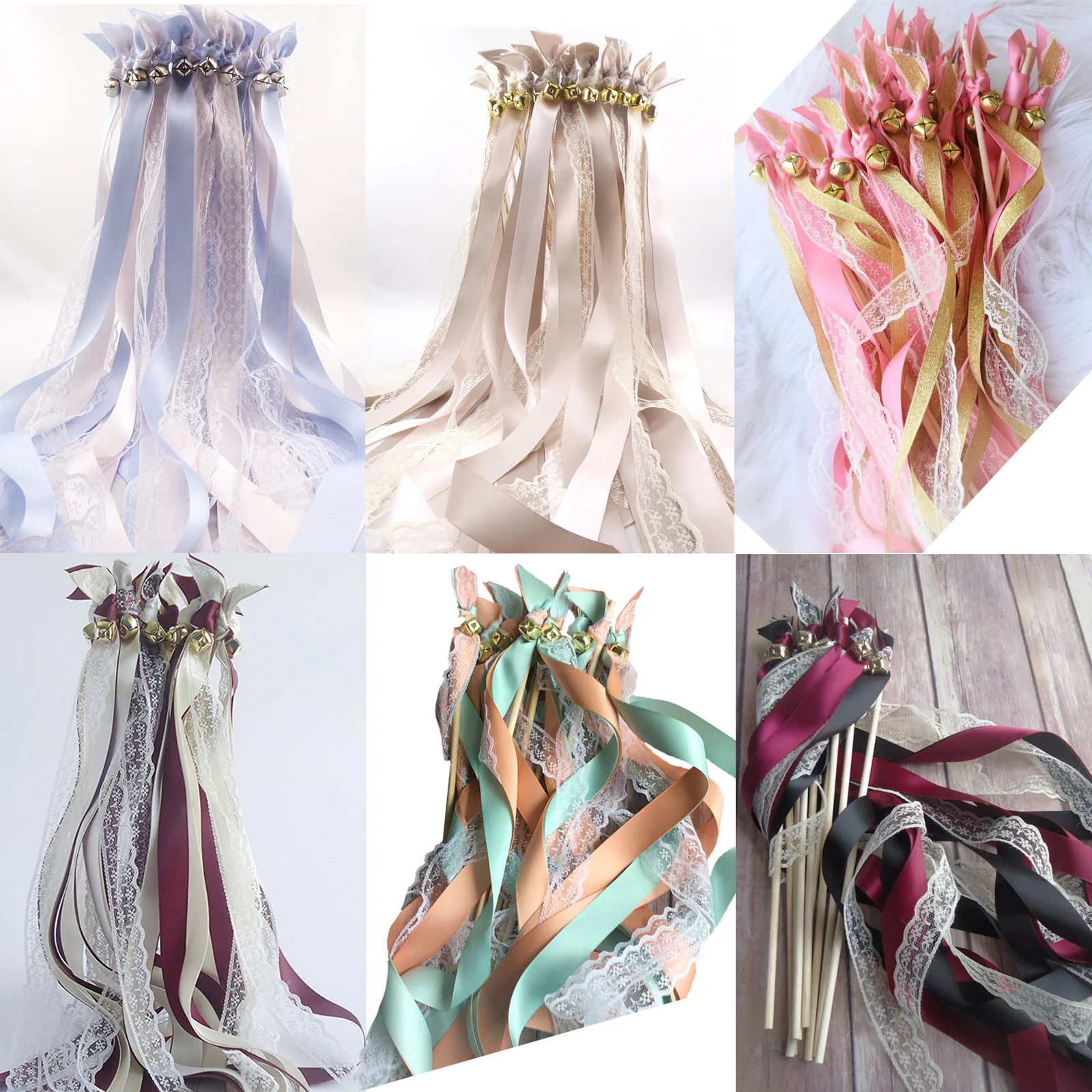 

100pcs/lot Champagne + jute + lace wedding Ribbon Wands stick Confetti Stream with big sliver Bells for wedding party