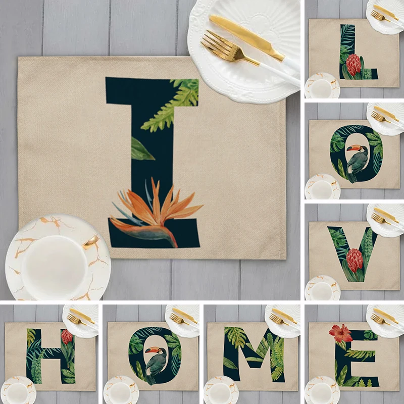 

32x42cm A-Z 26 Letters Cotton Linen Kitchen Placemat Green Tropical Leaves Plant Dining Table Mats Animal Flower Coaster Pad