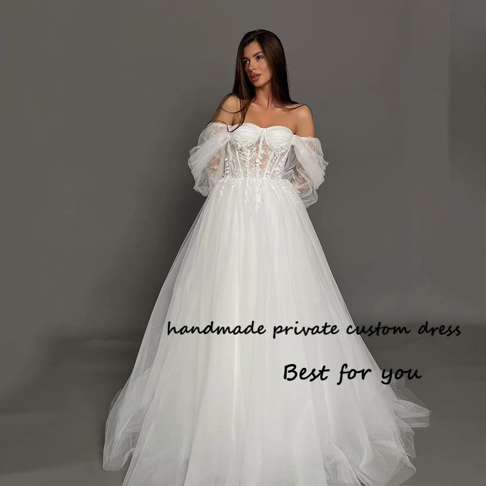 

White Tulle A Line Wedding Dresses Off Shoulder Lace Appliques Bone Corset Sweetheart Bridal Gowns 2023 Bohemain Beach Bride Dre