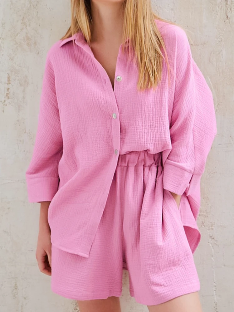 

2 Piece Sets Womens Outifits Lapel Nine - Cent Sleeve Cardigan Shirt Casual Solid Loose Shorts Set Summer Sets Womens Outfits