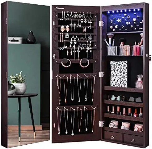 

8 светодиодный, органайзер для ювелирных изделий с полноэкранным зеркалом, настенным/дверным креплением, полноразмерное зеркало (коричневое)