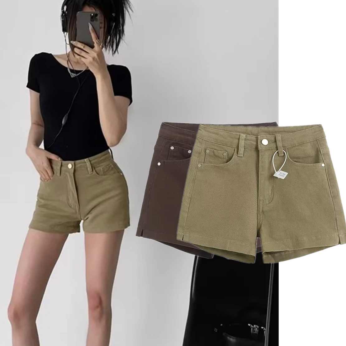 Dave&Di Ins Fashion Shorts Blogger High Street Vintage Washed Distressed Stretch Denim  Casual Bermuda