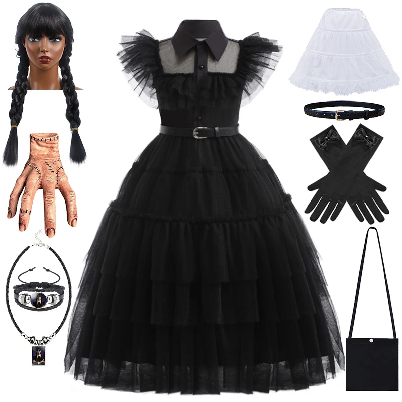 

New 3-12 Years Children Cosplay Wednesday Addams Long Dresses Halloween Flying Sleeve Layered Tulle Dress Girl Costume with Belt