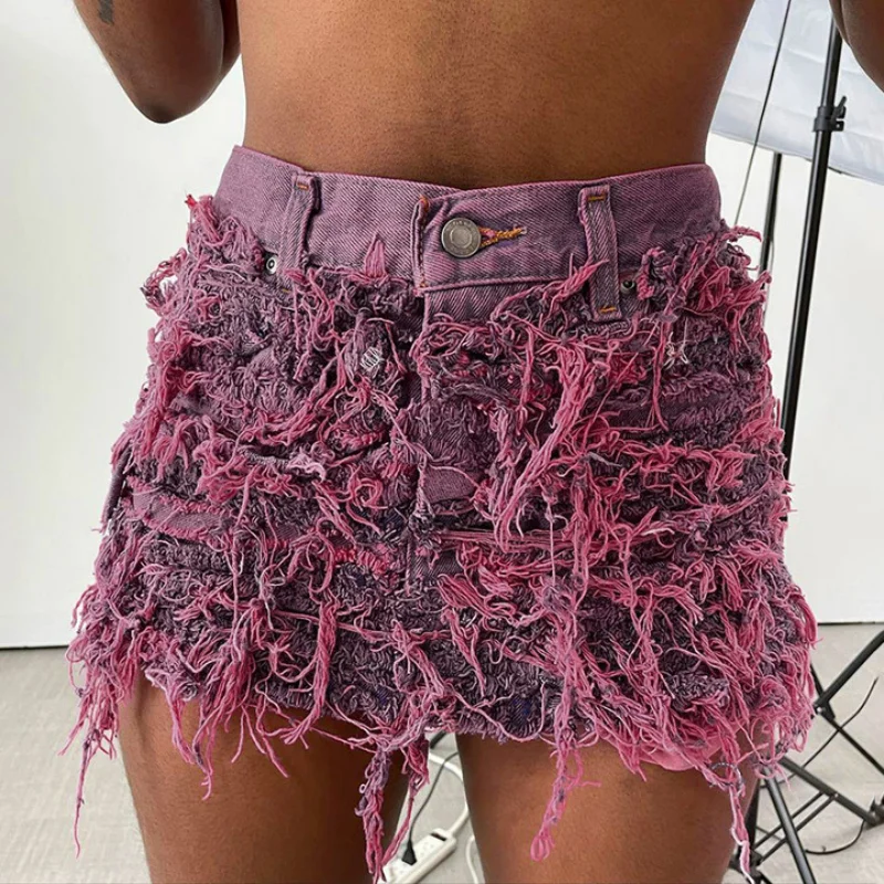 

Bright fringed tight elastic denim skirt