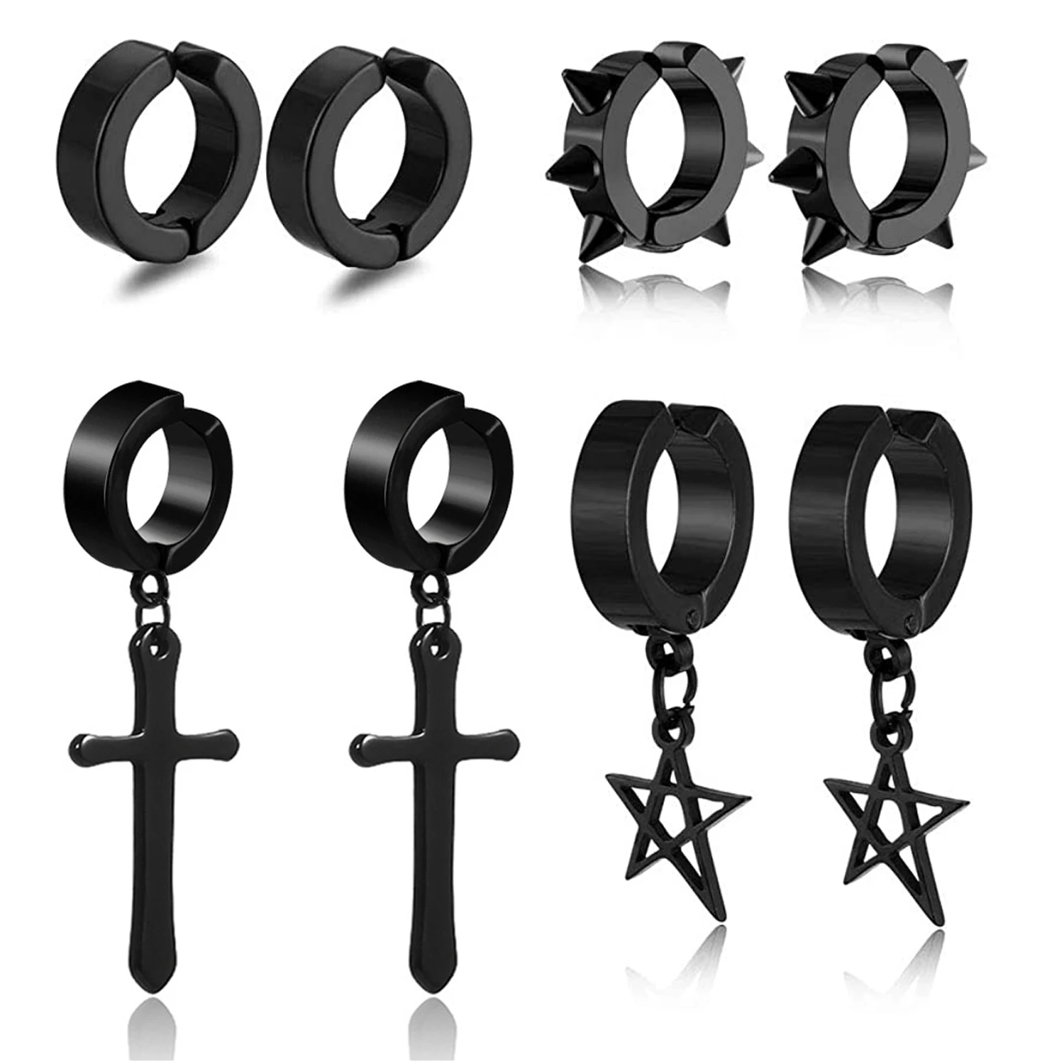 

Серебристые/черные серьги-кольца со звездами из нержавеющей стали, клипсы для мужчин и женщин, 4 пары