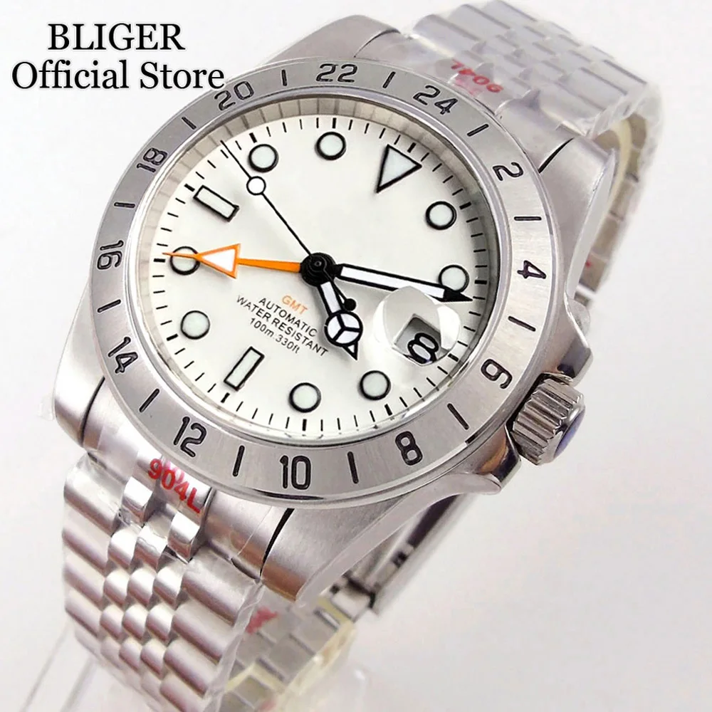 Мужские механические часы BLIGER NH34 GMT с белым циферблатом и сапфировым стеклом
