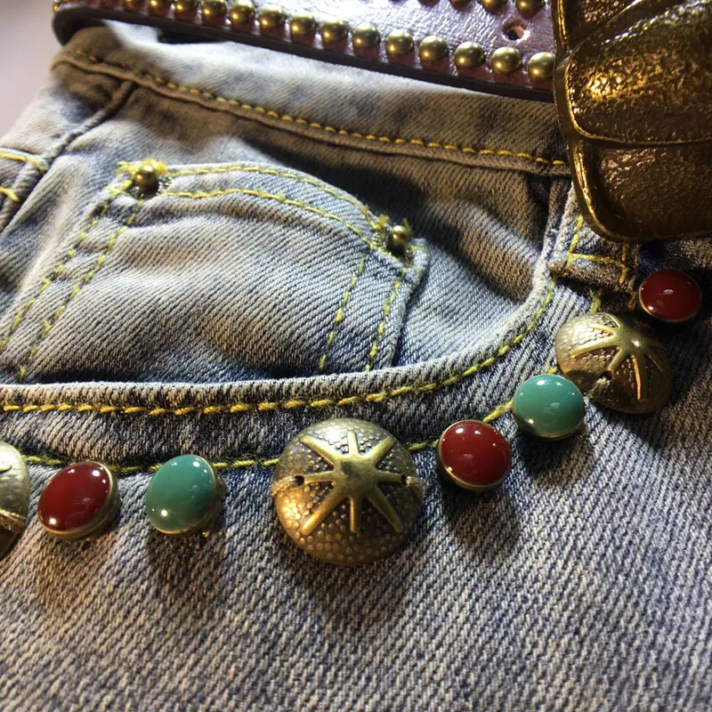 Europe 2023 New Summer Beading Tassel High Waist Denim Pants Vintage Stretch Jeans All-match Straight Knee-length Pants