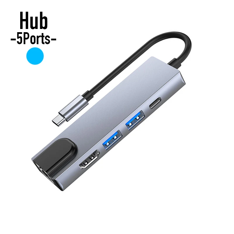 Фото Концентратор 5 в 1 USB типа C USB-C до 100 Мбит/с RJ45 LAN USB3.0 USB 2.0 PD Charge 4K 30 Гц HDTV Extender Dock для Macbook Air Pro №1