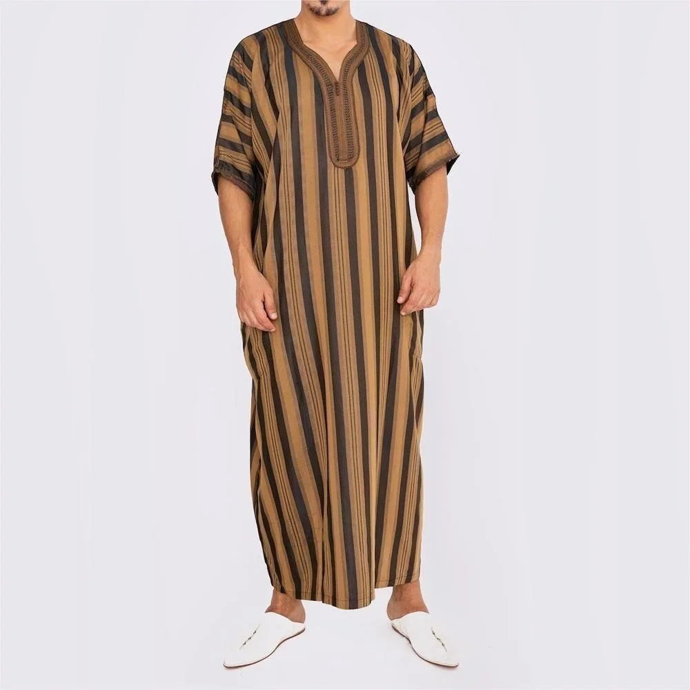 

Muslin Thobe Kameez Kaftan Arabic Abaya For Men Islam Galabia Simple Long Men's Pocket Shirt Muslim Robe Men Clothing V-neck