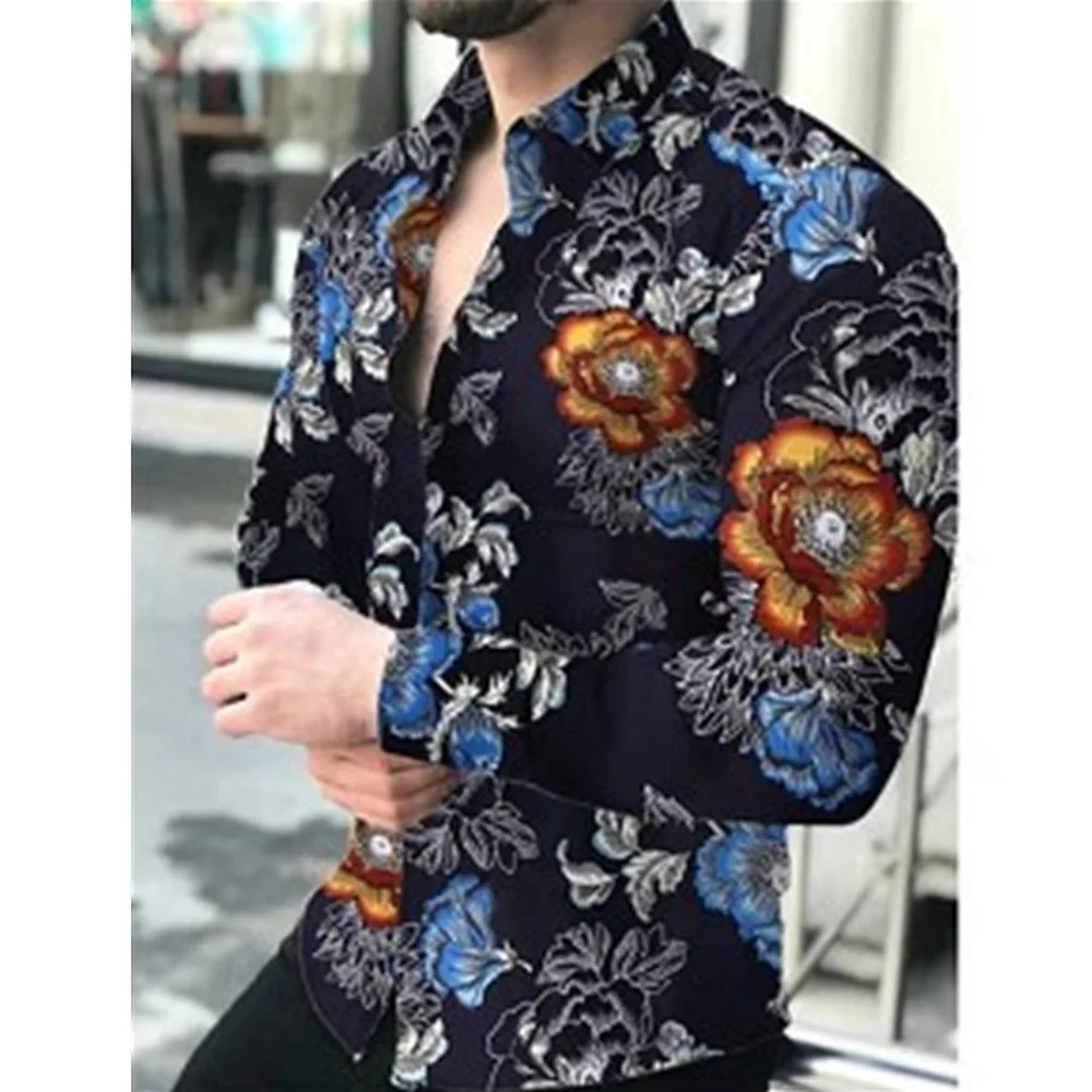 Men's Long Sleeve Print Shirt Slim Fit Lapel Casual Button Shirt
