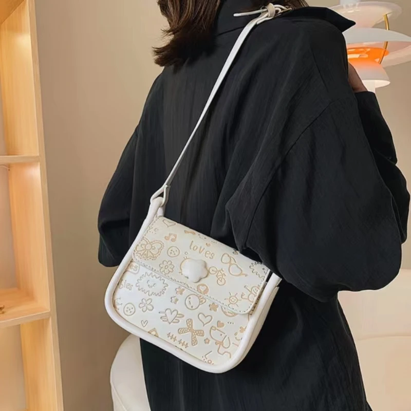 Girls Cute Fashion Ins Style Printed Shoulder Bags Women Square Kawaii Casual Versatile Portable Commute Messenger Crossbody Bag