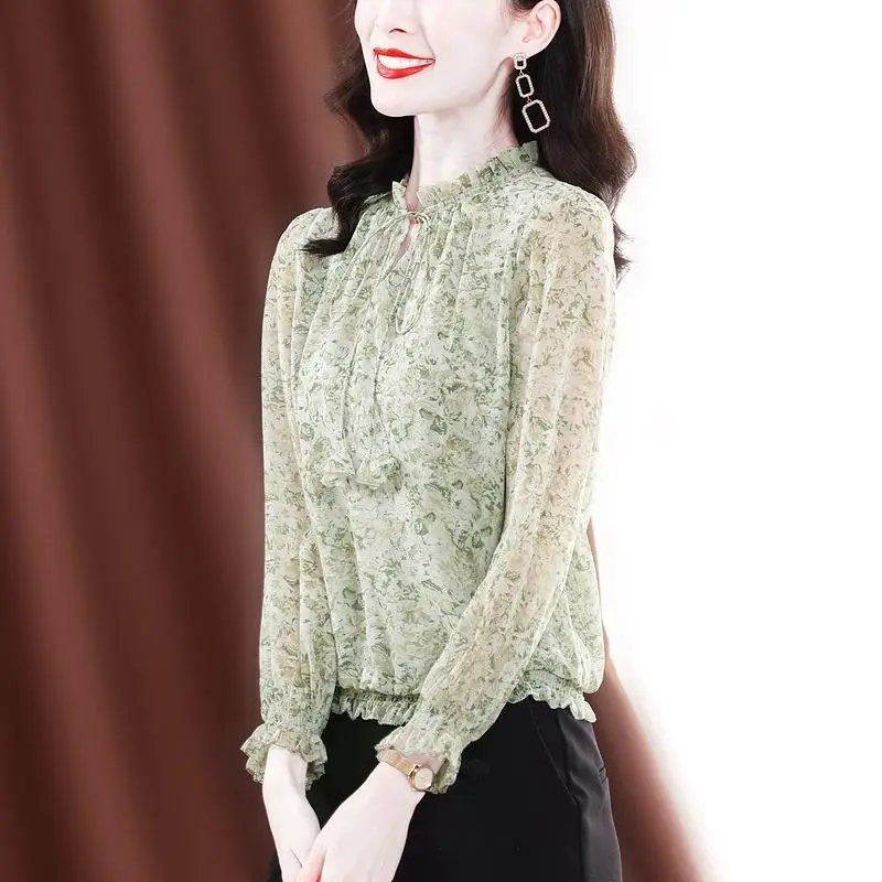 

Shirt women 2022 spring high-end fashion bow floral chiffon shirt temperament age-reducing lace-up long sleeve blouse female top