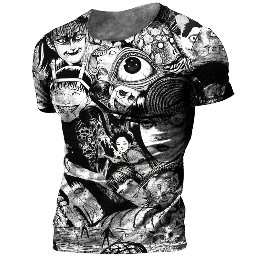 

Retro Horror Print Men's T-shirt Casual Black And White Colour Women's Universal Short Sleeve Tops Round Neck Oversized Clothing