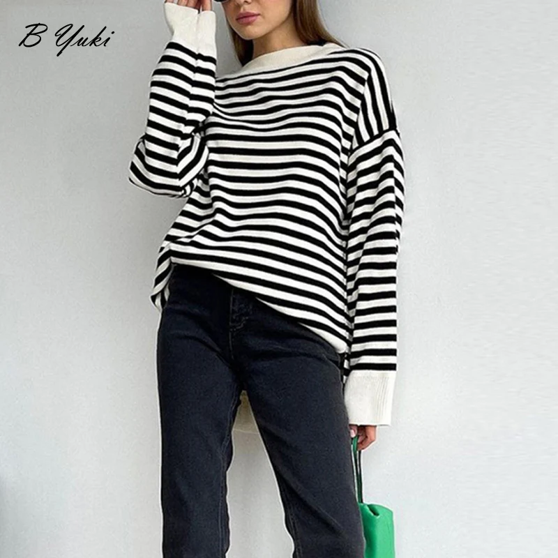 Blessyuki Vintage Striped Knitted Sweater Women Autumn Winter Loose Casual Thick Warm Pullovers Female Soft Jumper Harajuku Tops