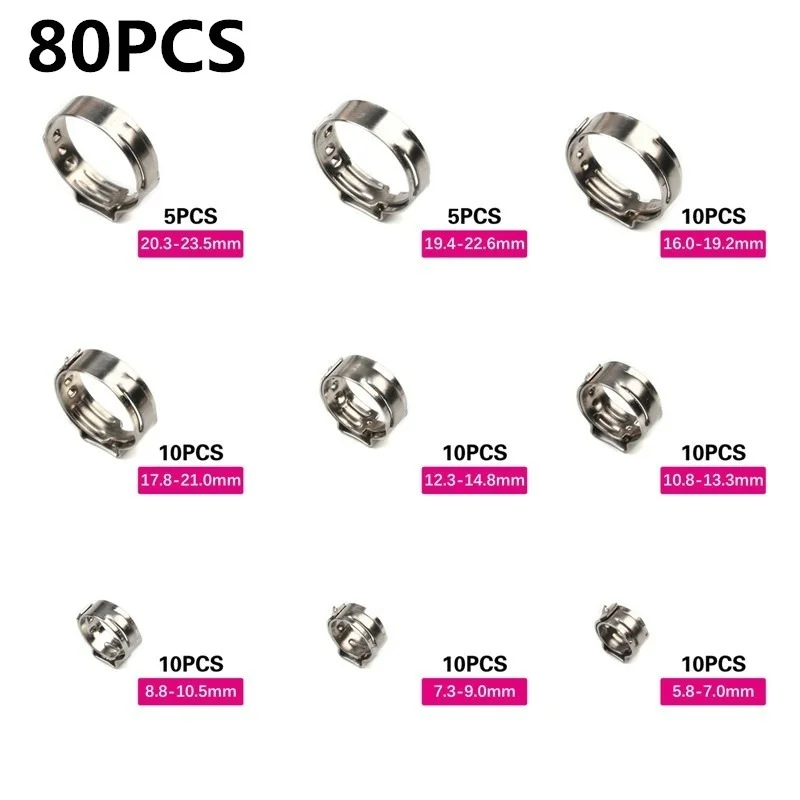 

80pcs Stainless Steel Ear Stepless Clamp Worm Drive Fuel Water Hose Pipe Clamps Clips Cinch Clamp Rings Crimping Tool Kit
