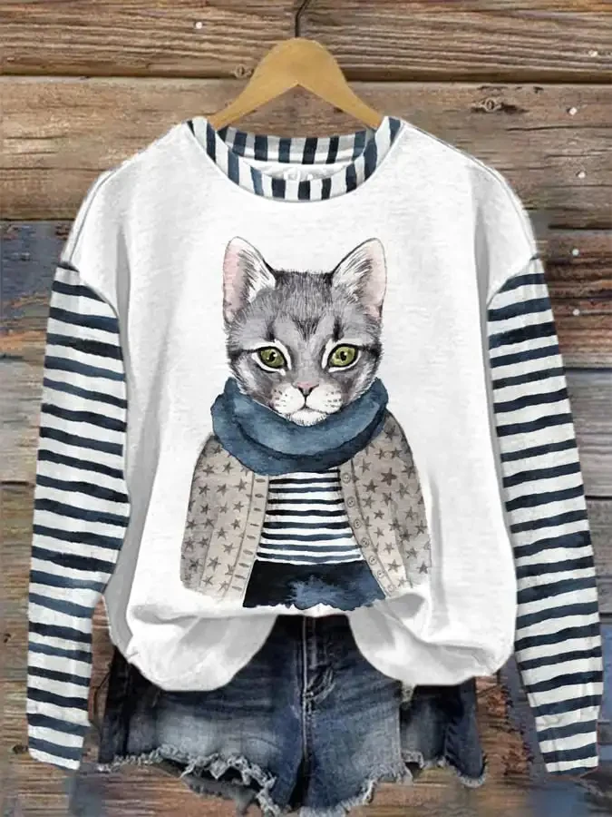 

Striped Cat Hoodie for Women Fashion O Neck Pullover Top Casual Streetwear Ladies Sweatshirt Hip-Hop Women's Sweater Clothing