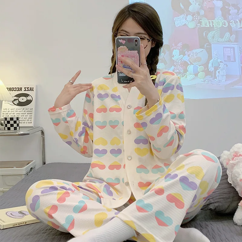 Womens  2 Piece Pajamas Set Floral Printing V-Neck Button Shirt With Trousers Pajama Set Nightwear Pyjama Sleepwear Pijama Mujer