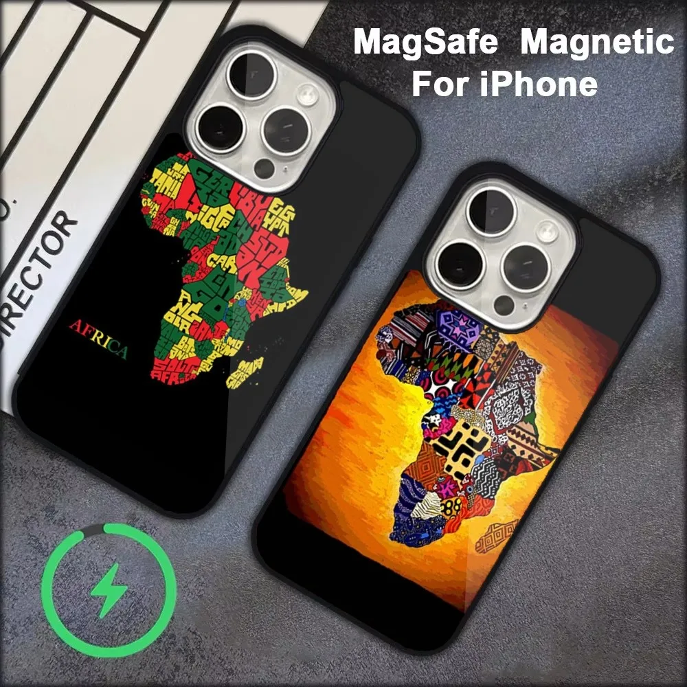 A-Africa Map Geogra Phone Case For iPhone 16 15 14 13 12 11 Pro Max Plus Mini Magsafe Magnetic Wireless Charging