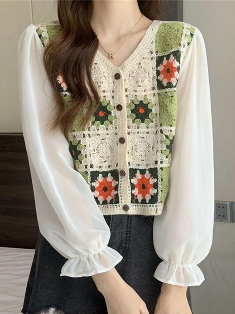 

Women Chiffon Shirt Autumn Vintage Knitted Blouse Retro Flower Hollow Crochet Tops Ladies Loose V neck Chemise Femme