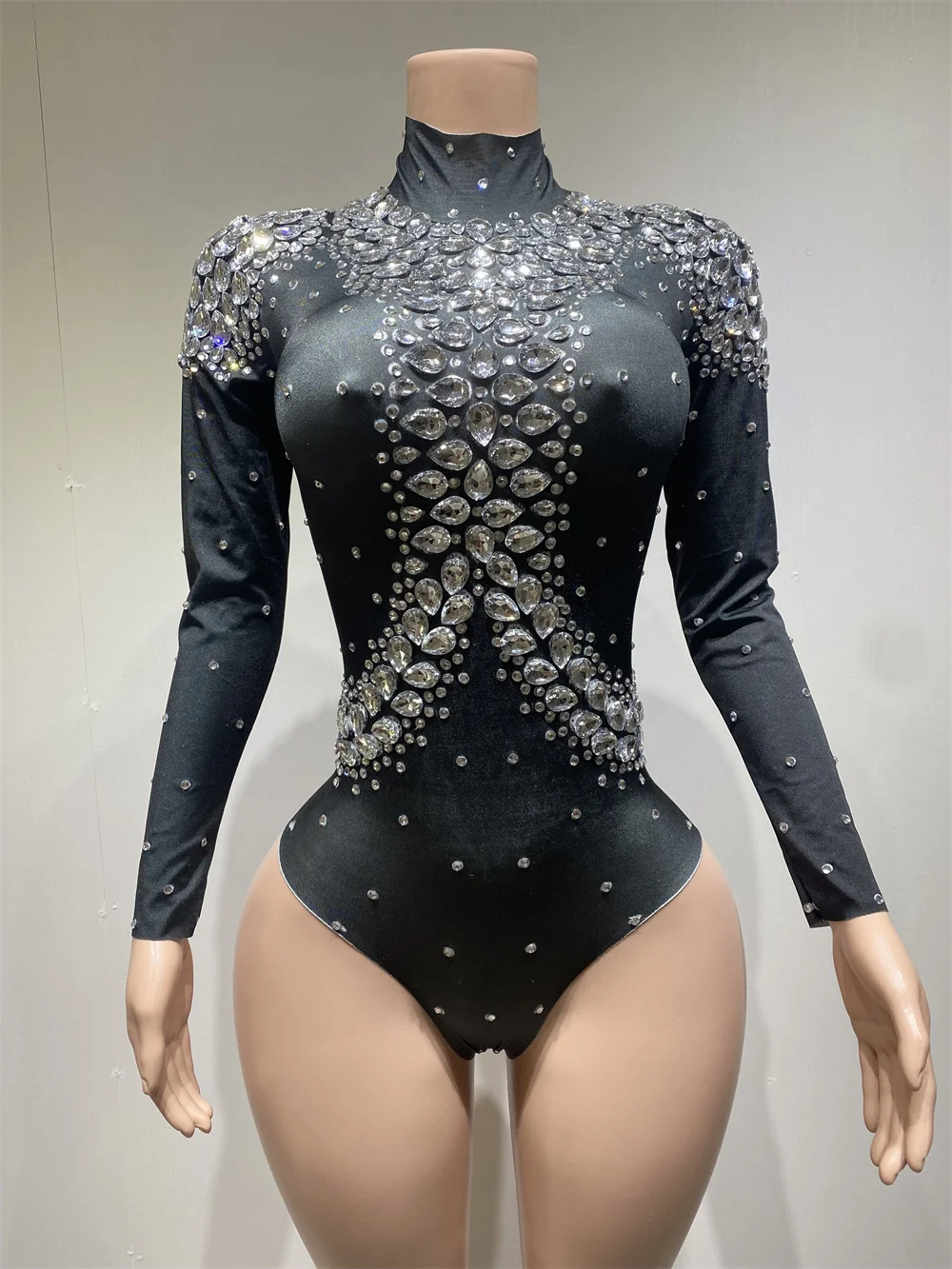 Stage Performance Costume Rhinestones Bodysuit For Women Long Sleeve Turtleneck Bodycon Bodysuits Nightclub Bar Party Outfit