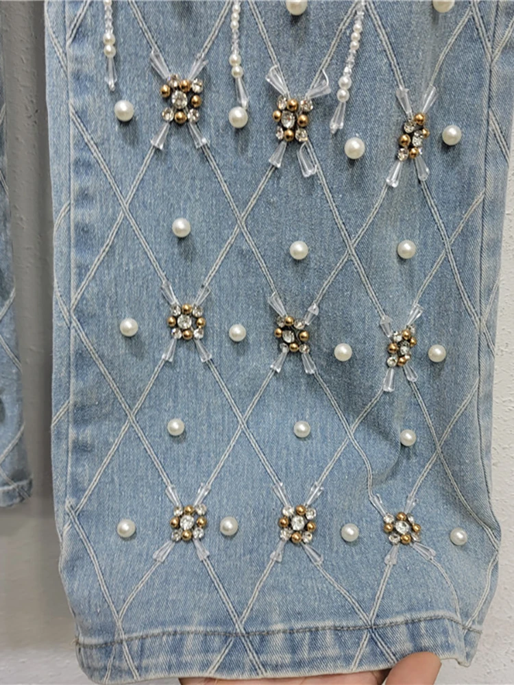 Женские джинсы с высокой талией DEAT прямые брюки из денима в клетку бусинами и