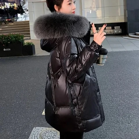 Черная пуховая хлопковая куртка женская, корейская версия, толстый меховой воротник, свободное зимнее пальто, женская теплая парка, пальто
