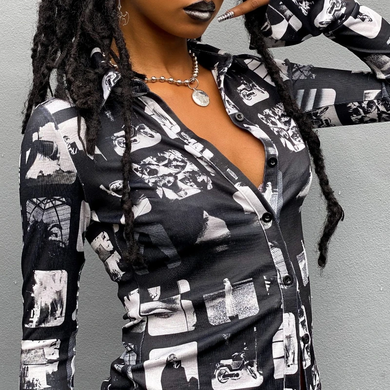 

Черная рубашка с длинным рукавом y2k, женские винтажные блузки на одной пуговице, уличная одежда с расклешенным рукавом, топы в стиле гранж 90-...