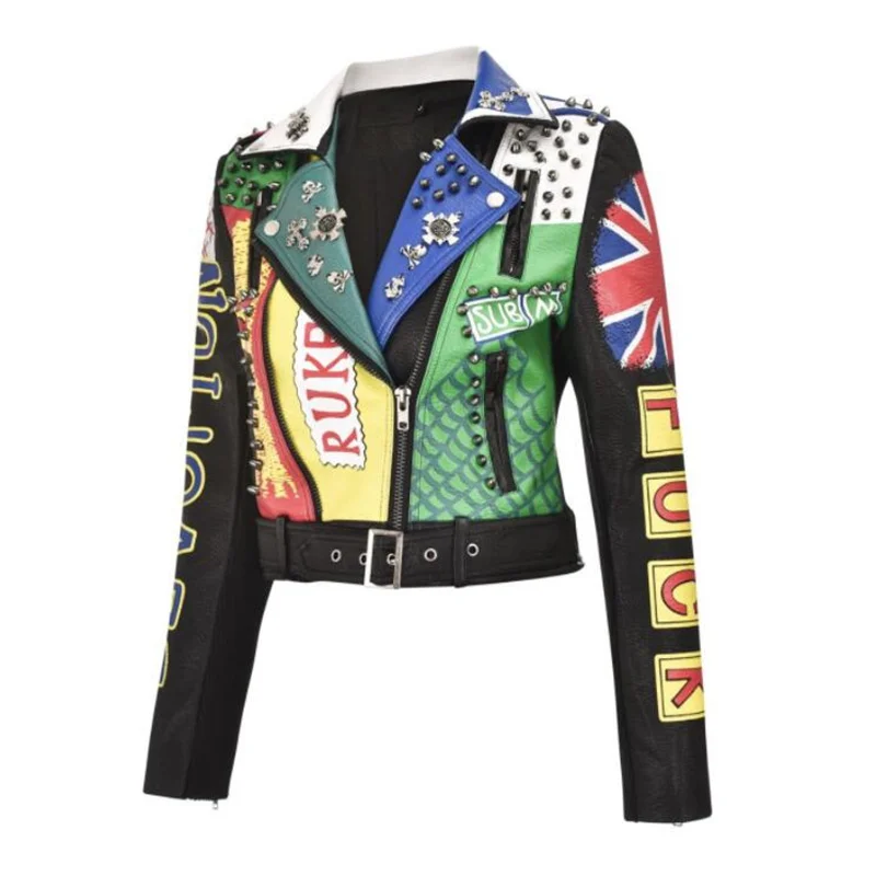 New leather jacket women's print graffiti suit collar heavy industry rivet street punk slim coats пальто женское fashion clothes enlarge