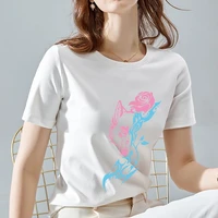 womens basic white slim t shirt sweet style color rose pattern printed t shirt round neck casual top comfortable commuter wear