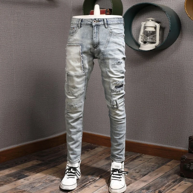Fashion Streetwear Men Jeans Retro Light Gray Blue Stretch Slim Fit Vintage Ripped Jeans Men Patch Designer Hip Hop Pants Hombre