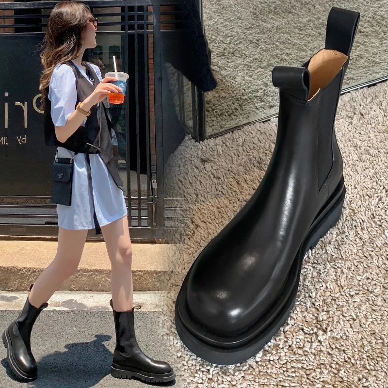 

Женские сапоги до середины икры с круглым носком, сапоги Челси на платформе и плоской подошве, женская зимняя обувь, 2022