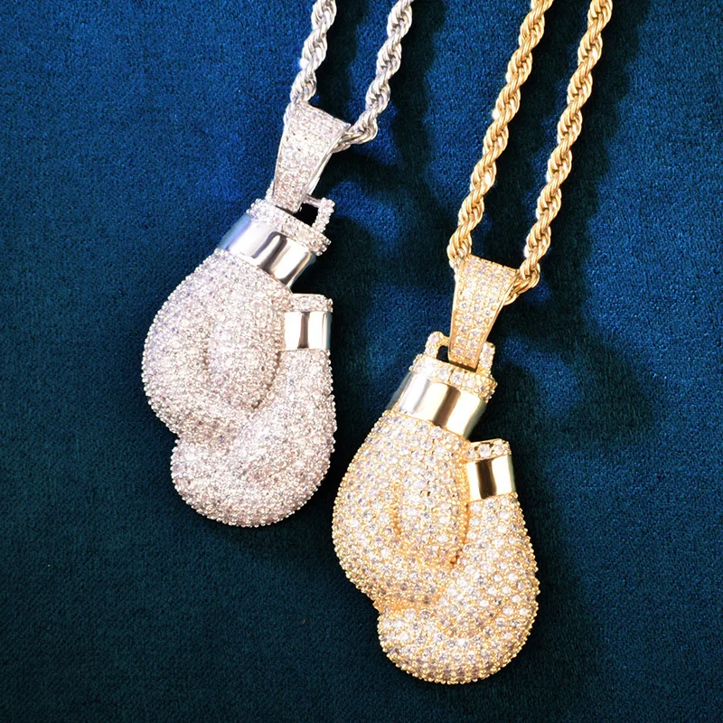 Хип-хоп 3A + CZ Stone Paved Bling Iced Out Boxing Glove Подвеска Ожерелье для Мужчин Клубный Рэпер