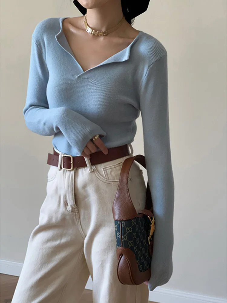 Осенне-зимний французский флисовый вязаный свитер с v-образным вырезом женский
