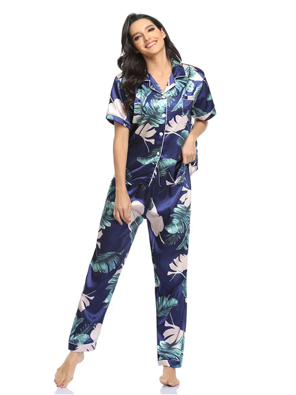 Women's Loose Loungewear Floral Print Button Down Pajamas Set Short Sleeve Nightwear Pants Sleepwear  Pjs Sets Homewear Summer