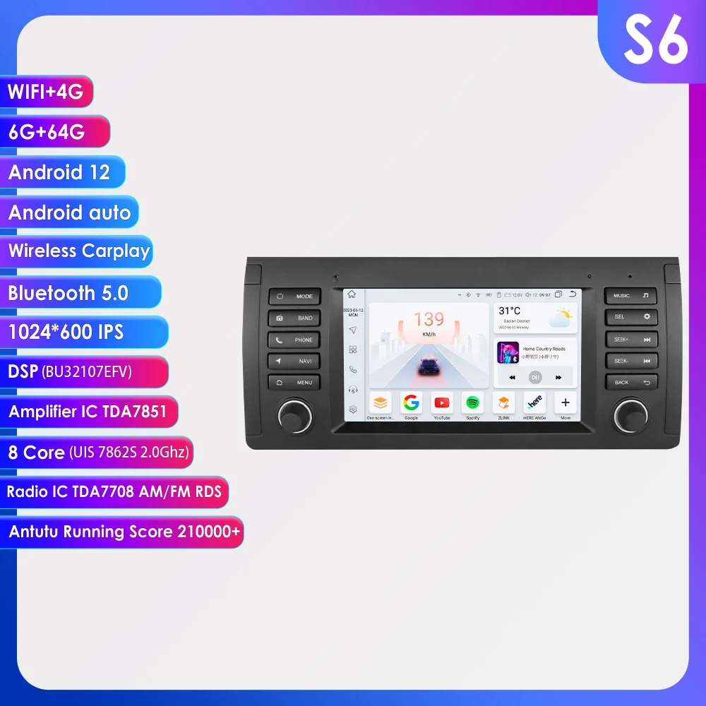 

Автомагнитола 4G 64G Android Auto с GPS-навигацией и стереосистемой для BMW 5 серии E39 X5 E53 1996-2007, мультимедийный плеер с DSP и Carplay, головное устройство