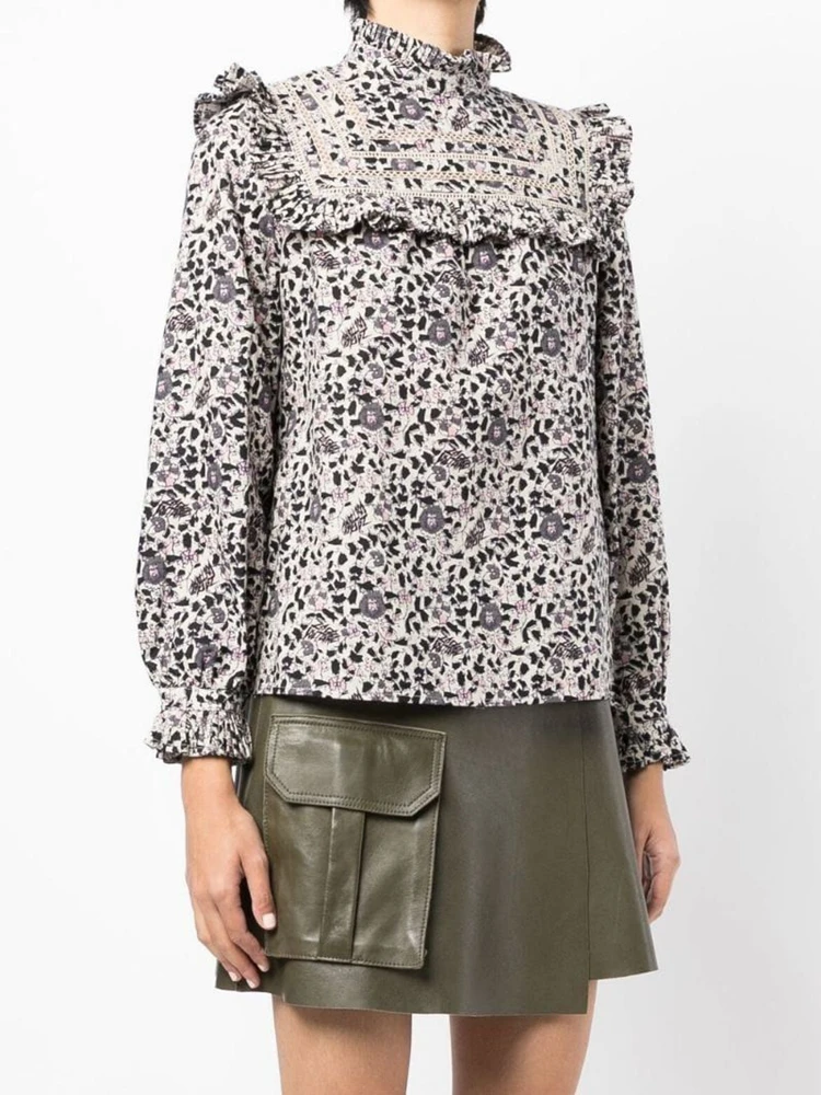 2022 Autumn New Zadi 100% Cotton Ruffled Edge Collar Long Sleeves Floral Print Shirt Women Shirt Tops