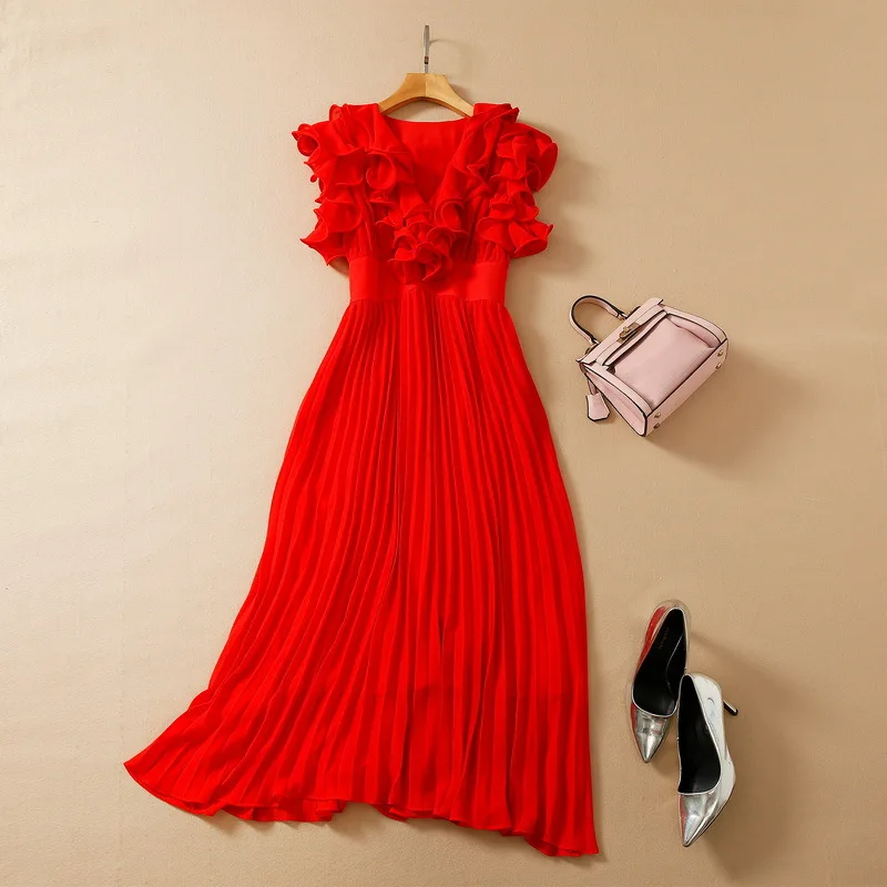 

European and American women's summer 2022 new Sleeveless flounces V neck fashion Red and green pleated dress