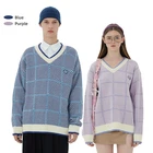 Вязаный свитер в студенческом стиле для мужчин и женщин, пуловер оверсайз в клетку с V-образным вырезом, повседневные Джемперы в стиле Харадзюку для пар, весна