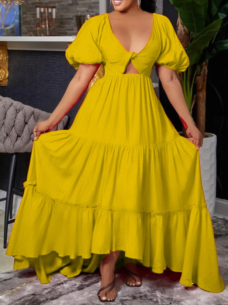 

Women Long Dress V Neck Cut Out Chest Short Lantern Sleeves Backless Lace Up Summer Beach Vacation Holiday Robes African Gowns