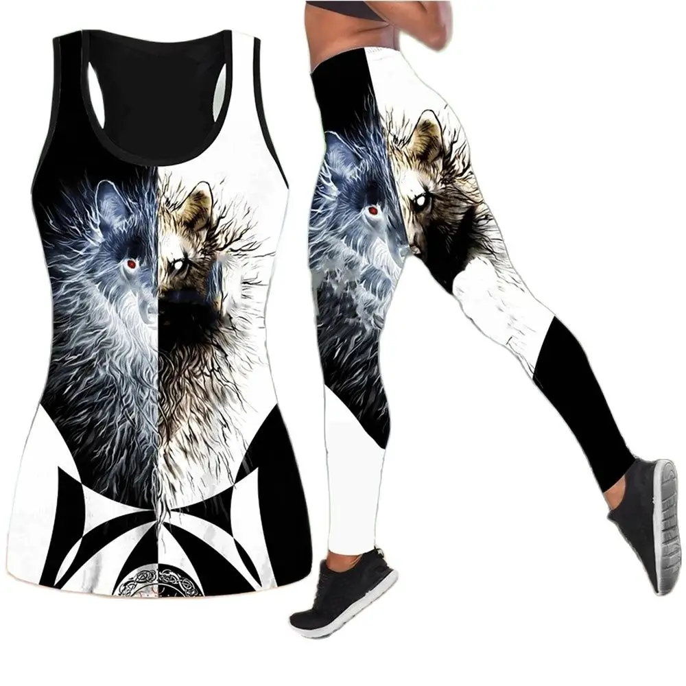 

Casual Young Women Summer Vest Set 3D Wolf Tiger 2-piece Suit Fashion Breathable Animal Print Sports Running Yoga Pants 8XL Y2K