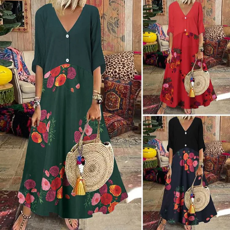 

Summer 2023 New V-neck Short Sleeve Print Long Dress Button Casual Dress