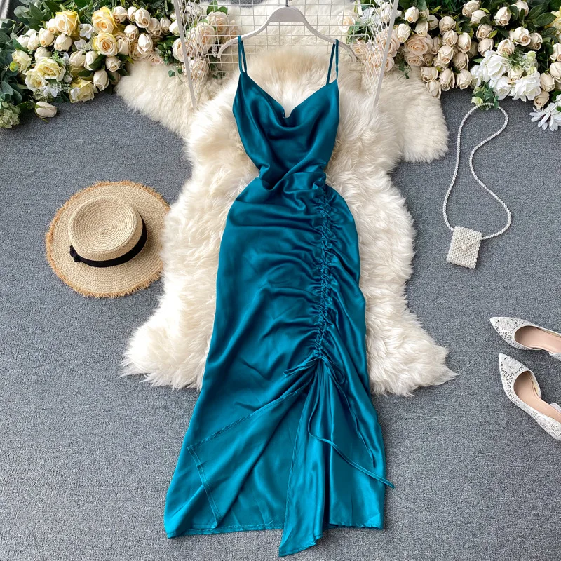 

Sling dress skirt 2022 pleated waist thin drawstring asymmetric dress one