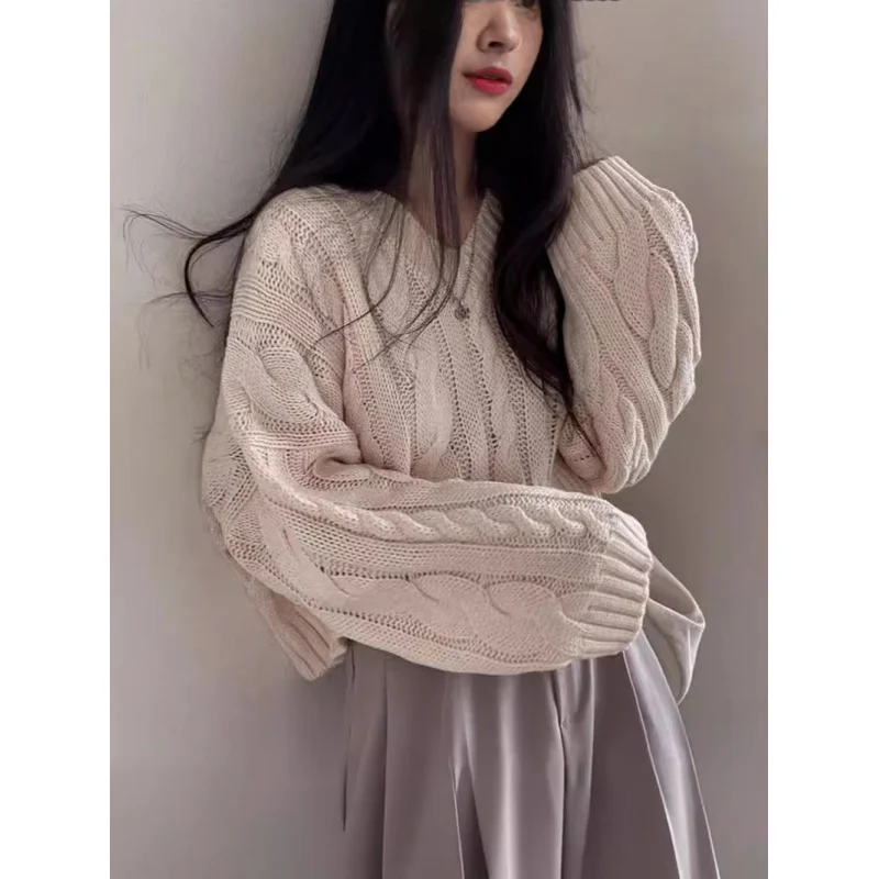 Пуловер с v-образным вырезом в стиле ретро свитер длинными рукавами женский