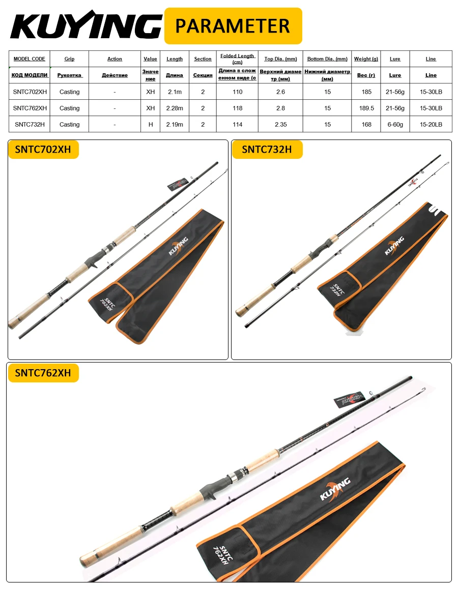 Фото KUYING SNATCH 7 футов 2,1 м 7 футов 3 дюйма 2,19 м 7 футов 6 дюймов 2,28 м H XH сверхтвердая удочка для заброса рыбы со змеиной головкой 6-60 г 15-30 фунтов карбон №2