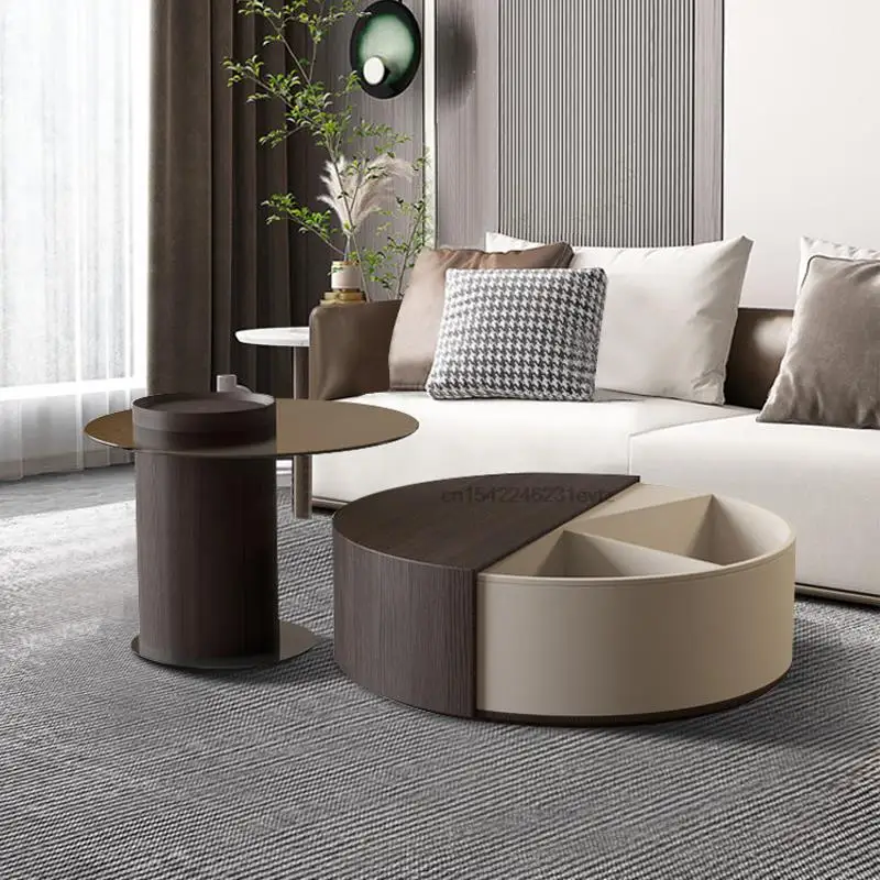 

Minimalist Solid Wood Table Set Modern Designer Clear Texture Living Room Rotating Storage Space Round Coffee Tables